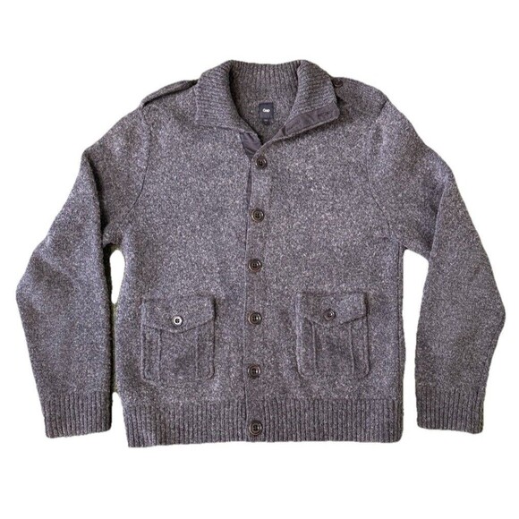 Vintage Gap Mens Wool Military Epaulet Button Front Gray Casual Sweater Jacket L - Picture 1 of 9
